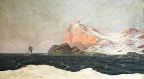 Landscape With Snow-covered
Mountains And Ships On The Sea. Signed Alfred Olsen Oil On Canvas. 74 X
126 Cm - view 1