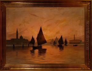 Canal Scenery From Venice In The Sunset by Alfred Theodor Olsen