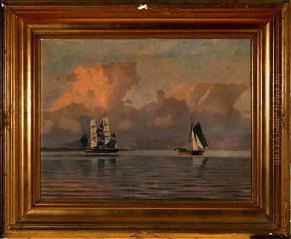 A Coastal Scenery With Two Sailing Ships In The Evening Sun - view 1