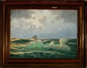 Breakers Along The Coast With A Sailing Ship In The Horizon by Alfred Theodor Olsen