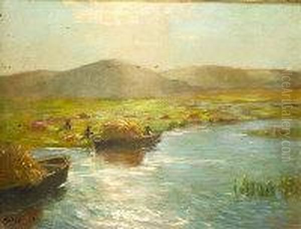 Loading Hay Barges On The River - view 1