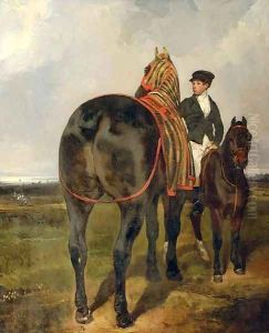 A horse held by a mounted groom, in a landscape
