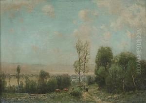 Landscape With Lady On A Pathway And Cattle by Julian Onderdonk