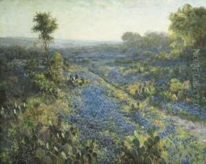 Field Of Texas Bluebonnets And Prickly Pear Cacti by Julian Onderdonk