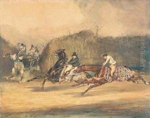 La rencontre evitee Galloping horsemen avoiding a horse and cart by Alfred Dedreux