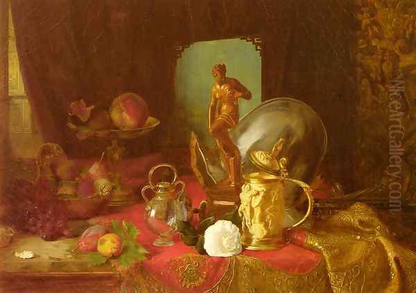 A Still Life with Fruit, Objets d'Art and a White Rose on a Table - view 1