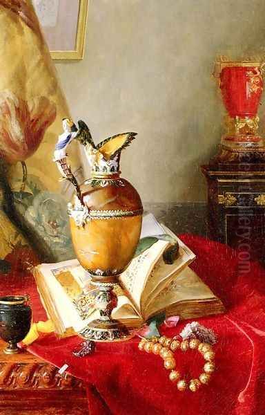 A Still Life With Urns And Illuminated Manuscript On A Draped Table - view 1