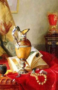 A Still Life With Urns And Illuminated Manuscript On A Draped Table by Blaise Alexandre Desgoffe