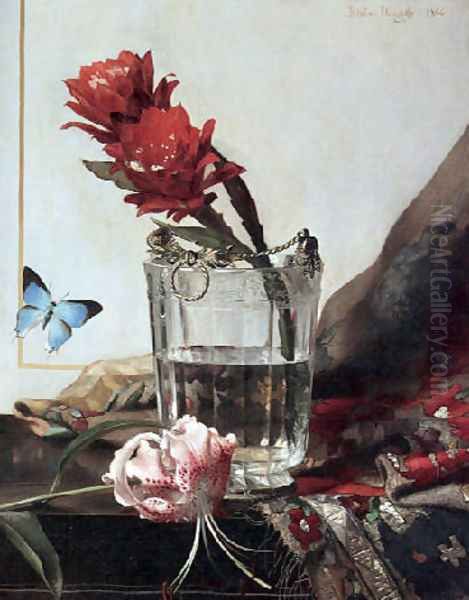 A still life with a flowering cactus in an etched crystal cooler and a butterfly against a gold-trim - view 1