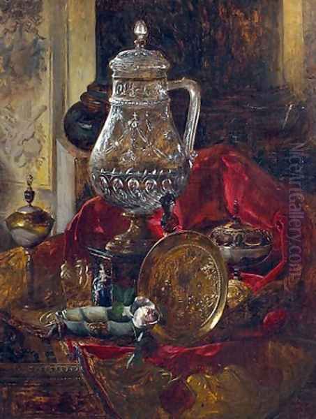 A still life with a crystal tankard and other precious objects arranged on a draped cloth - view 1