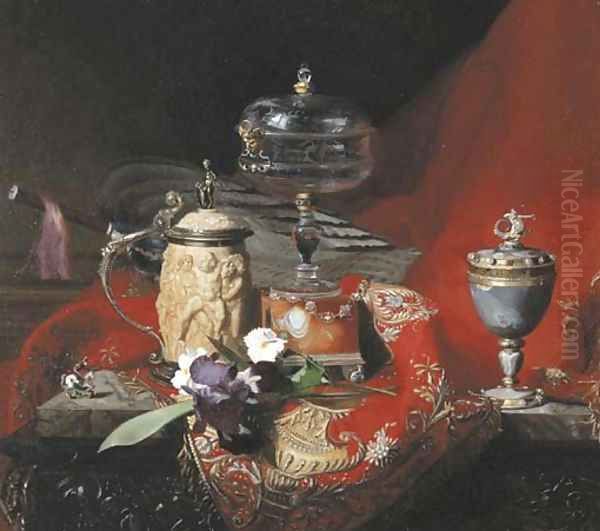 A silver-mounted ivory Tankard, a Renaissance silver-gilt-mounted agate Cup and a Renaissance etched Glass on an agate Stand with an Iris on a draped - view 1