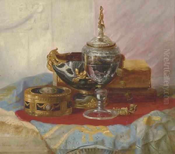 A Still Life with a Lady's Gold Box, a crystal Chalice and other Objects on a draped marble Table - view 1
