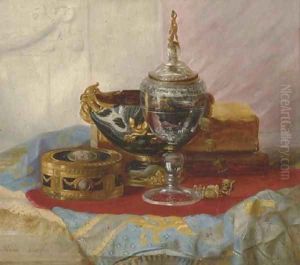 A Still Life with a Lady's Gold Box, a crystal Chalice and other Objects on a draped marble Table by Blaise Alexandre Desgoffe