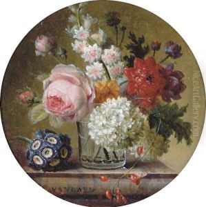 Cabbage rose, marigold, hyacinth, poppy anemones, opium poppy, snowball and scarlet runner bean in a glass beaker on a marble ledge