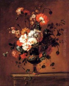 A parrot tulip, peonies and other flowers in an urn on a ledge by Jacques-Charles Dutillieu