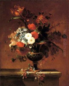 Carnations, peonies, narcissi and other flowers in an urn on a ledge by Jacques-Charles Dutillieu