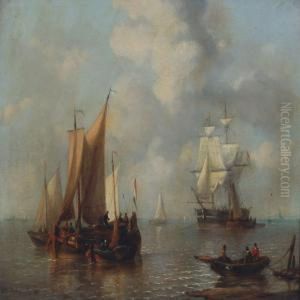 Seascape With Boats Off The Dutch Coast by George Willem Opdenhoff