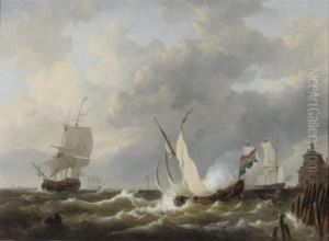 Sailing On Choppy Waters Off The Dutch Coast by George Willem Opdenhoff
