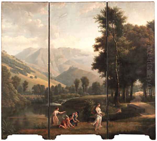 An Arcadian landscape with maidens gathering flowers by a river bank, a hilltop castle beyond - view 1