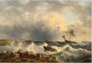 A Vessel At A Rough Sea Flanked By A Lifeboat Watched By Figures Standing At The Shore by George Willem Opdenhoff