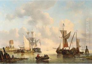 Sailing Vessels In A Calm by George Willem Opdenhoff