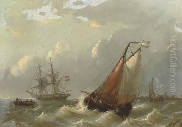 Dutch Vessels On Choppy Waters By A Coast - view 1