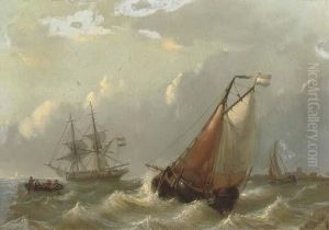 Dutch Vessels On Choppy Waters By A Coast by George Willem Opdenhoff