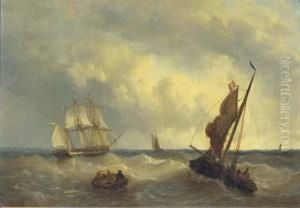 A Three-master And Other Vessels On Choppy Water by George Willem Opdenhoff