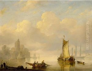 Sailingvessels Near The Coast Together With A Work By Willem Witjens by George Willem Opdenhoff