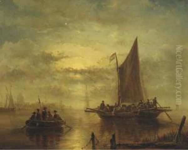 Moored Sailingvessels In Moonlight - view 1