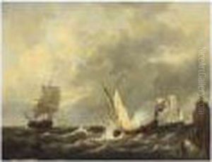 Sailing Vessels In Choppy Waters by George Willem Opdenhoff