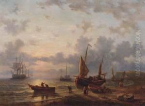 A French Coastal Scene With Fishermen Working At Dusk