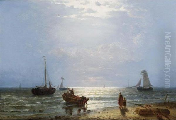 A Coastal Scene With Fisherfolk And Sailing Vessels - view 1