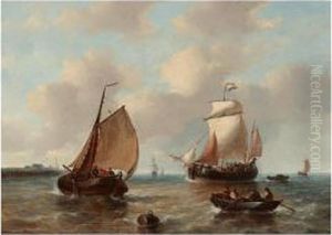 Fishing Boats Off The Coast by George Willem Opdenhoff