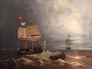Pilots In A Rowingboat Heading For A Two-master On A Roughsea