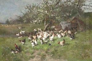 Printemps, poules sous le pommier en fleurs by Alexandre Defaux