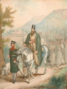 Russische Soldaten Und Ein Pope Zu Pferd