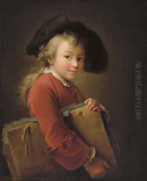 A young boy in a red jacket and black hat, holding a portfolio - view 1