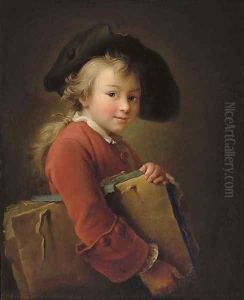 A young boy in a red jacket and black hat, holding a portfolio by Francois-Hubert Drouais