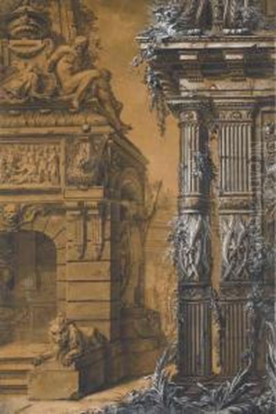 The Entrance To A Sepulchre With
A Columned Building In The Right,two Figures In A Courtyard In The
Background - view 1