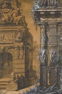 The Entrance To A Sepulchre With
A Columned Building In The Right,two Figures In A Courtyard In The
Background by Gilles-Marie Oppenord