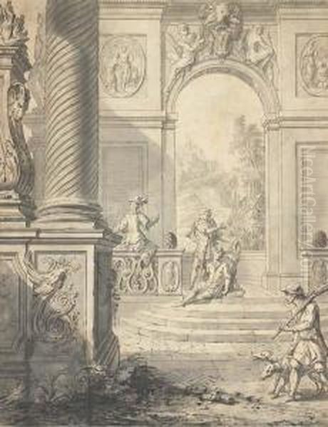 Des Chasseurs Sur Une Terrasse Donnant Sur Un Paysage Avec Un Chateau Dans Le Fond - view 1