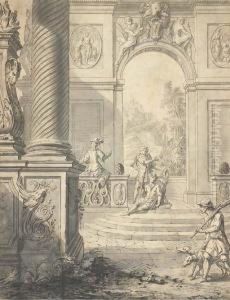 Des Chasseurs Sur Une Terrasse Donnant Sur Un Paysage Avec Un Chateau Dans Le Fond