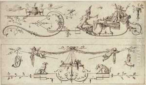 A Woman Trying On Jewellery In
Front Of A Mirror, And Two Puttiwith Musical Instruments And Birds: Two
Decorative Designs - view 1