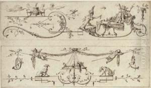 A Woman Trying On Jewellery In
Front Of A Mirror, And Two Puttiwith Musical Instruments And Birds: Two
Decorative Designs by Gilles-Marie Oppenord
