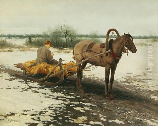 Man Resting On A Horse Drawn Haysled - view 1