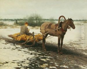 Man Resting On A Horse Drawn Haysled by Vladimir Donatovich Orlovskii