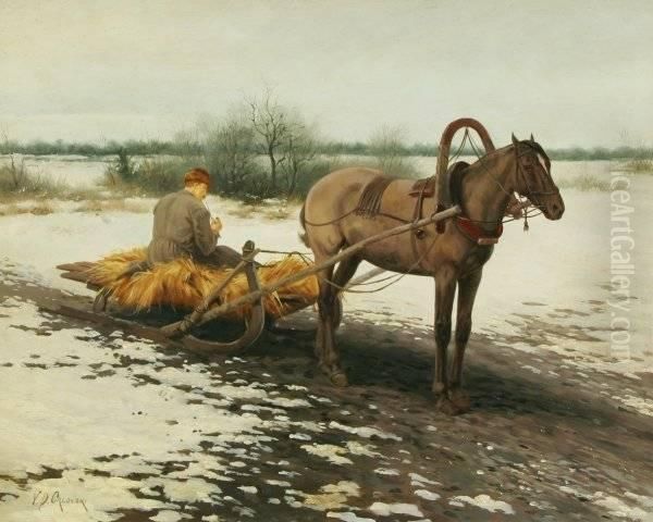 Man Resting On A Horse Drawn Hay Sled - view 1