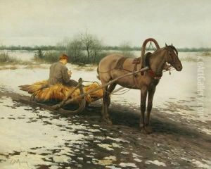 Man Resting On A Horse Drawn Hay Sled by Vladimir Donatovich Orlovskii