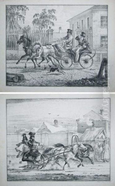 Dorozka I Sanie Dwukonne-para Litografii - view 1